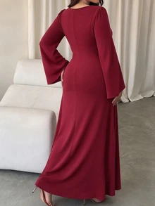 Elenzga Gaun Midi Elegan Rajut Lembut dan Elastis Ukuran Plus, Gaun Malam Harian Berpotongan Ramping dengan Pinggang Tinggi - Burgundy - View 4