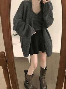 DAZY Women's Long Sleeve Comfortable Sweater 2 Pieces Set, Autumn/Winter - Dark Grey - View 3