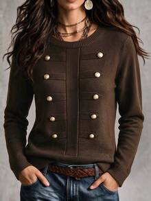 SHEIN Women Round Neck Knit Sweater, Double‑Breasted Metal Button Decor Long Sleeve Cropped Knitted Pullov - Brown - View 1