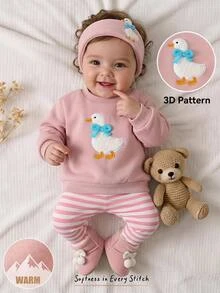 Cozy Pixies 新生兒休閒日常舒適貼布繡毛絨3D卡通鵝圖案3D蝴蝶結圓領套頭長袖上衣條紋印花長褲針織2件套 - 粉色 - 查看 11