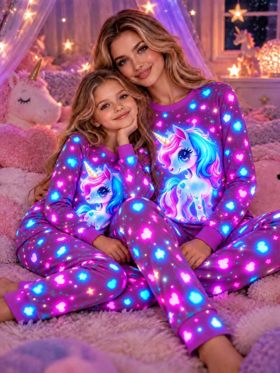 Tween Girl 2pcs/Cute Glow-In-The-Dark Unicorn Print Fitted Pajama Set, Long Sleeve Round Neck 2pcs Children's Sleepwear, Heart & Star Pattern Loungewear - Multicolor - View 1