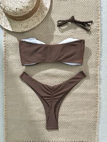 SHEIN Swim Women's Summer Plain Skinny Strap Metal Starfish Decor Sexy Bikini Set - Brown - View 3