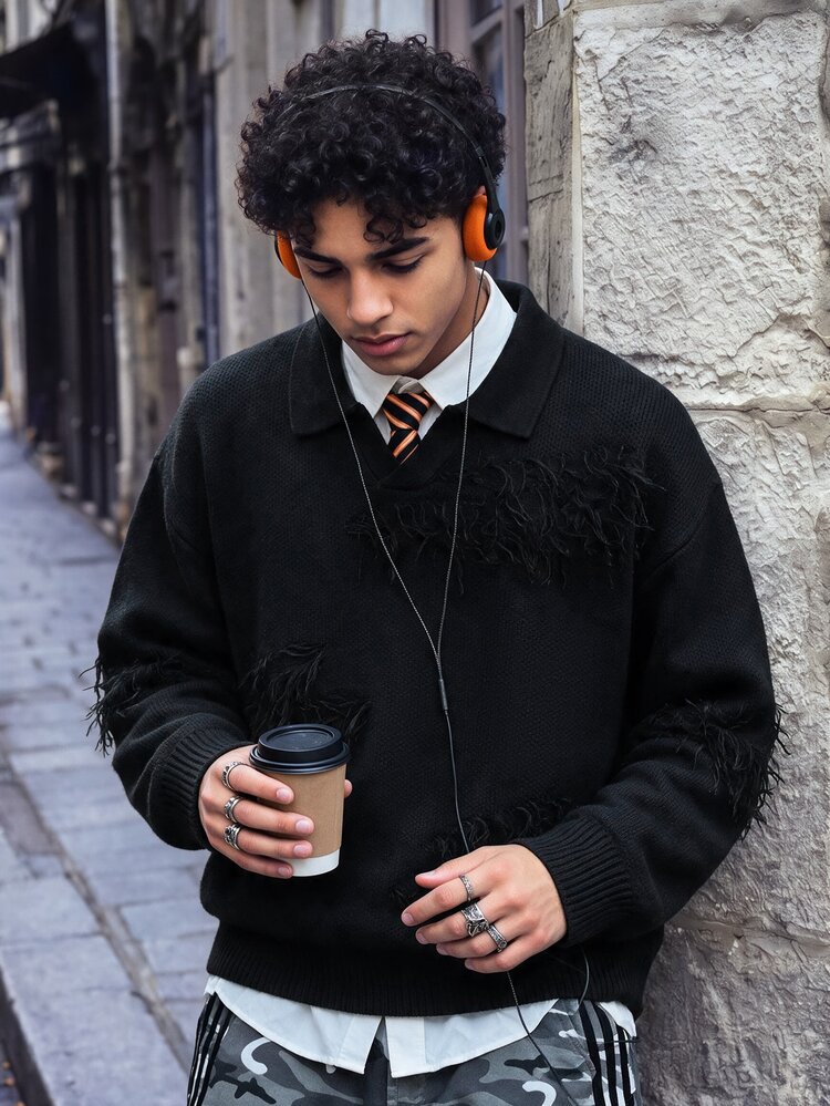 NEOSTRIT Men's Solid Color Casual Versatile Daily Wear Long Sleeve Sweater - Black - View 1