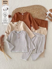 SHEIN Vintaside Kids 男嬰秋冬針織條紋上衣，米色、咖啡色與棕色，前襟鈕扣長袖，搭配羅紋長褲，多色可選，適合室內外穿著 - 彩色 - 查看 4