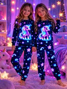 Tween Girls 2-Piece Cute Glow-In-The-Dark Unicorn Star Rainbow Print Fitted Pajama Set, Long Sleeve Crew Neck Tween Girl Sleepwear, Suitable For Outdoor Activities - Multicolor - View 1