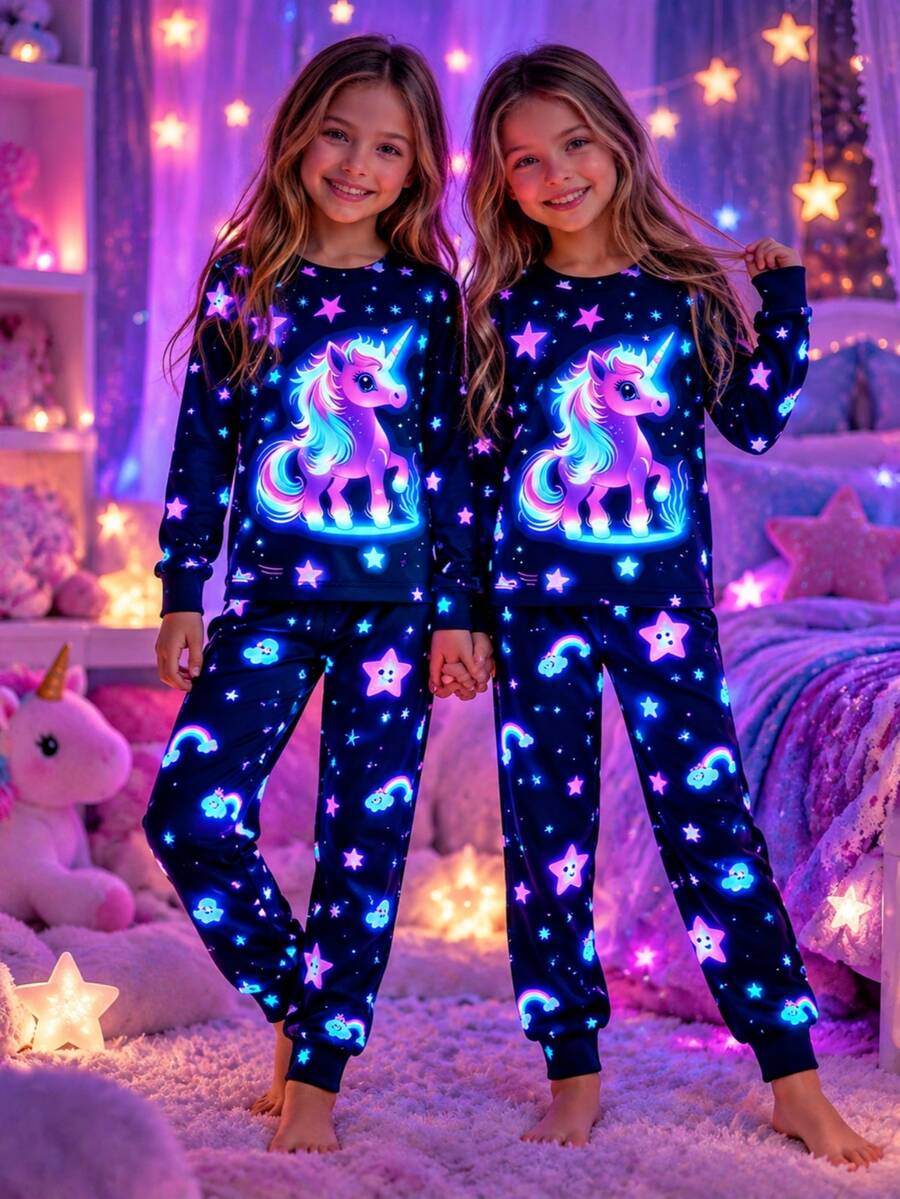 Tween Girls 2-Piece Cute Glow-In-The-Dark Unicorn Star Rainbow Print Fitted Pajama Set, Long Sleeve Crew Neck Tween Girl Sleepwear, Suitable For Outdoor Activities - Multicolor - View 1