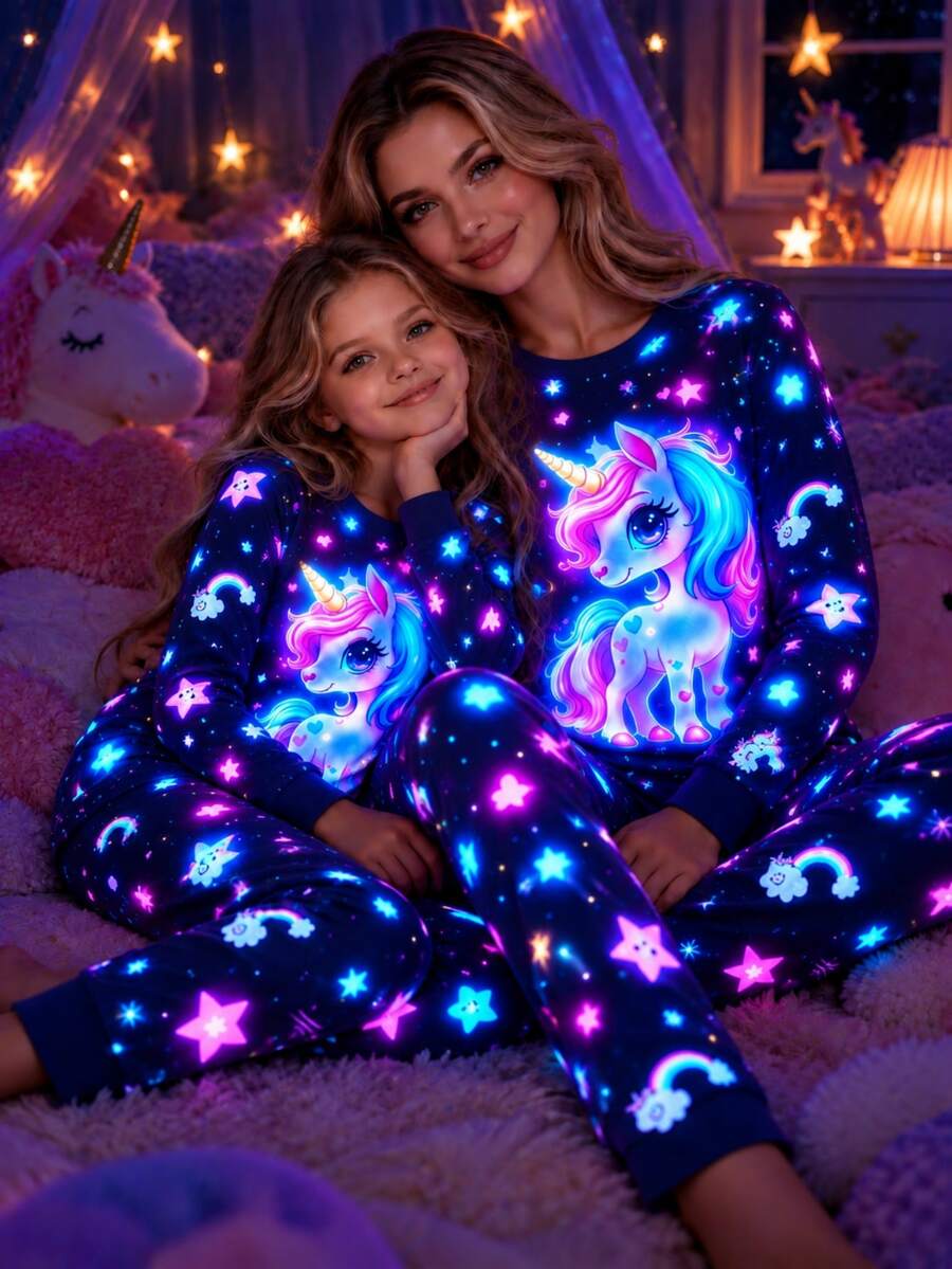 Tween Girls 2-Piece Cute Glow-In-The-Dark Unicorn Star Rainbow Print Fitted Pajama Set, Long Sleeve Crew Neck Tween Girl Sleepwear, Suitable For Outdoor Activities - Multicolor - View 1