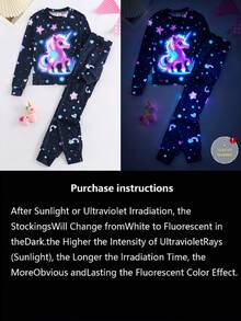 Tween Girls 2-Piece Cute Glow-In-The-Dark Unicorn Star Rainbow Print Fitted Pajama Set, Long Sleeve Crew Neck Tween Girl Sleepwear, Suitable For Outdoor Activities - Multicolor - View 4