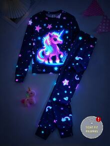 Tween Girls 2-Piece Cute Glow-In-The-Dark Unicorn Star Rainbow Print Fitted Pajama Set, Long Sleeve Crew Neck Tween Girl Sleepwear, Suitable For Outdoor Activities - Multicolor - View 5