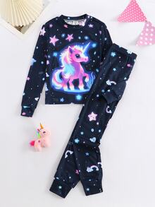 Tween Girls 2-Piece Cute Glow-In-The-Dark Unicorn Star Rainbow Print Fitted Pajama Set, Long Sleeve Crew Neck Tween Girl Sleepwear, Suitable For Outdoor Activities - Multicolor - View 6