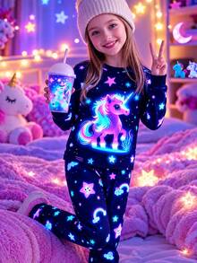Tween Girls 2-Piece Cute Glow-In-The-Dark Unicorn Star Rainbow Print Fitted Pajama Set, Long Sleeve Crew Neck Tween Girl Sleepwear, Suitable For Outdoor Activities - Multicolor - View 3