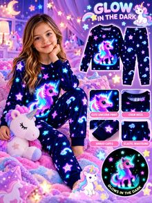 Tween Girls 2-Piece Cute Glow-In-The-Dark Unicorn Star Rainbow Print Fitted Pajama Set, Long Sleeve Crew Neck Tween Girl Sleepwear, Suitable For Outdoor Activities - Multicolor - View 8