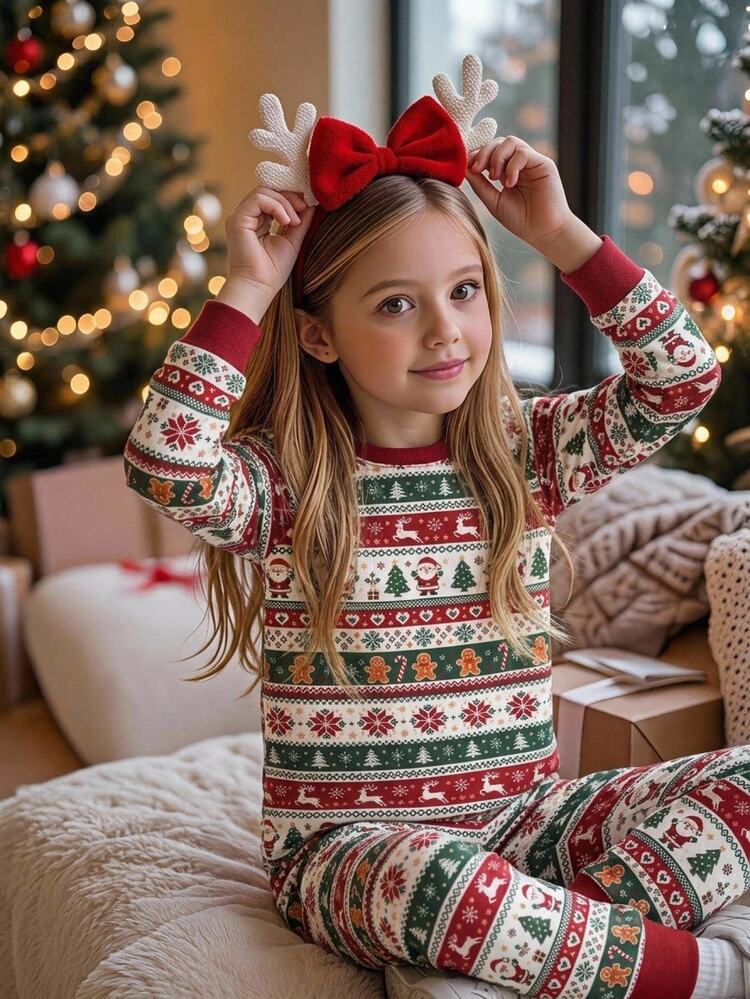 SHEIN Tween Girls Tween Girl Autumn/Winter Christmas Cute Fashion Versatile Party Long Sleeve Pants Set Daily Home Wear Slim Fit - Red and White - View 3