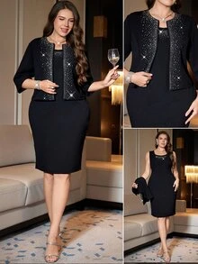 Reflora Plus Size Women's Solid Color Dress And Rhinestone Embellished Cardigan Fashion 2 Pieces Set Cocktail Formal Evening Black Winter Elegant Formal - Black - View 1