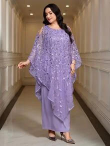 Reflora Plus Size Women's Round Neck Mesh Casual Elegant Traditional Party Dinner Formal Christening Guest Mother Of The Bride Dress Wedding Lavender Summer - Black - View 2