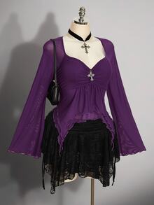 SHEIN ICON 女款大尺碼網紗甜心領不對稱下擺時尚上衣 秋季 - 紫色 - 查看 6