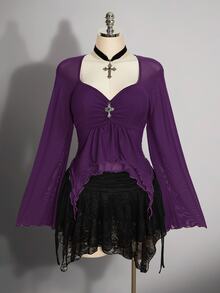 SHEIN ICON 女款大尺碼網紗甜心領不對稱下擺時尚上衣 秋季 - 紫色 - 查看 3