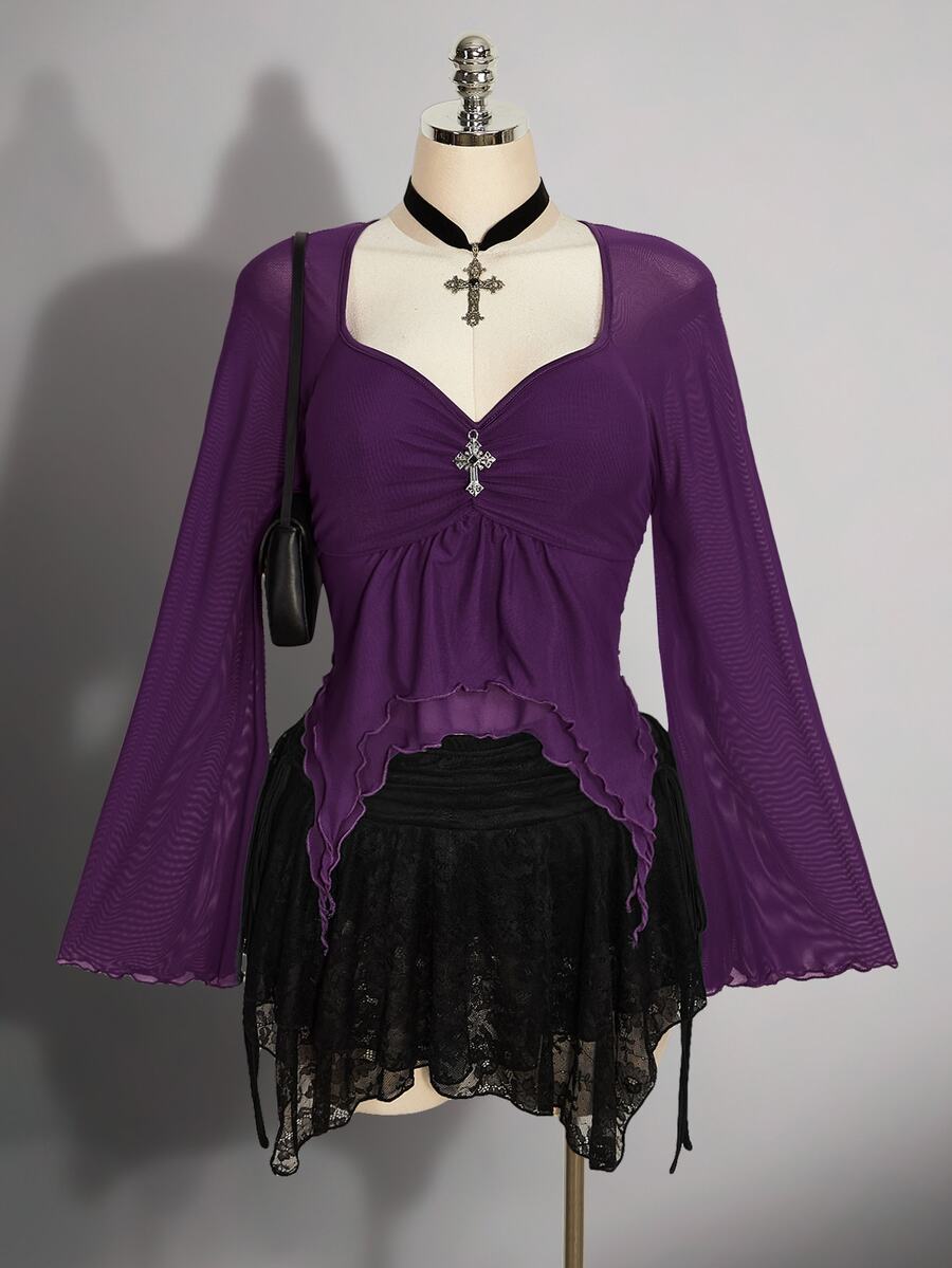 SHEIN ICON 女款大尺碼網紗甜心領不對稱下擺時尚上衣 秋季 - 紫色 - 查看 1