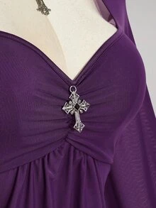 SHEIN ICON 女款大尺碼網紗甜心領不對稱下擺時尚上衣 秋季 - 紫色 - 查看 9