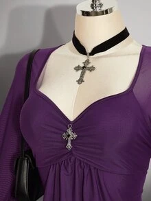 SHEIN ICON 女款大尺碼網紗甜心領不對稱下擺時尚上衣 秋季 - 紫色 - 查看 5