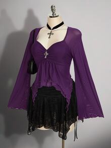 SHEIN ICON 女款大尺碼網紗甜心領不對稱下擺時尚上衣 秋季 - 紫色 - 查看 4