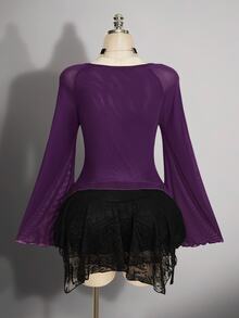 SHEIN ICON 女款大尺碼網紗甜心領不對稱下擺時尚上衣 秋季 - 紫色 - 查看 2