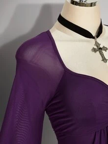 SHEIN ICON 女款大尺碼網紗甜心領不對稱下擺時尚上衣 秋季 - 紫色 - 查看 10