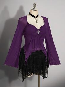 SHEIN ICON 女款大尺碼網紗甜心領不對稱下擺時尚上衣 秋季 - 紫色 - 查看 7