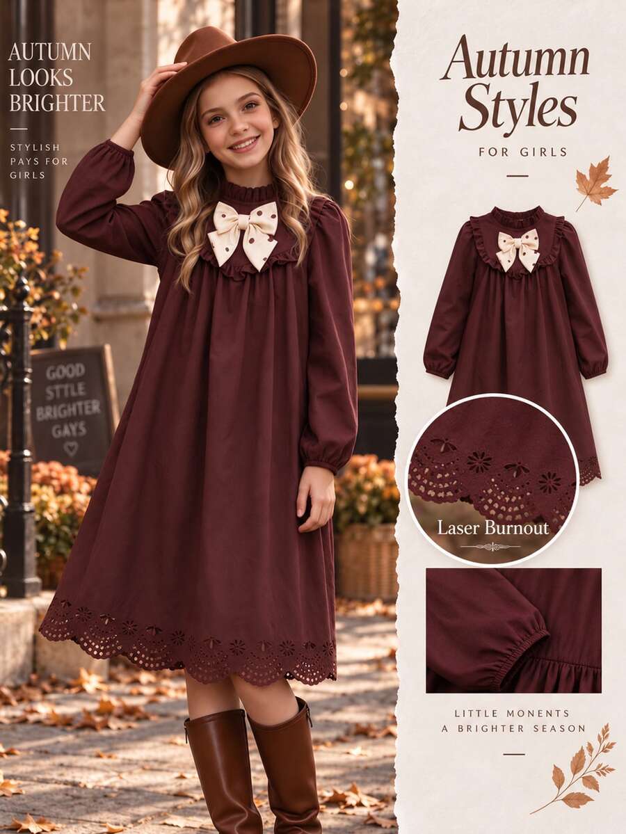 Tween Girl Autumn Winter Dress Elegant Ruffle Trim Bow Knot Long Sleeve Solid Color Laser Cut Hem Vintage A-Line Princess Dresses Birthday Party - Brown - View 1
