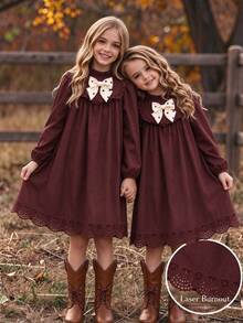 Tween Girl Autumn Winter Dress Elegant Ruffle Trim Bow Knot Long Sleeve Solid Color Laser Cut Hem Vintage A-Line Princess Dresses Birthday Party - Brown - View 1