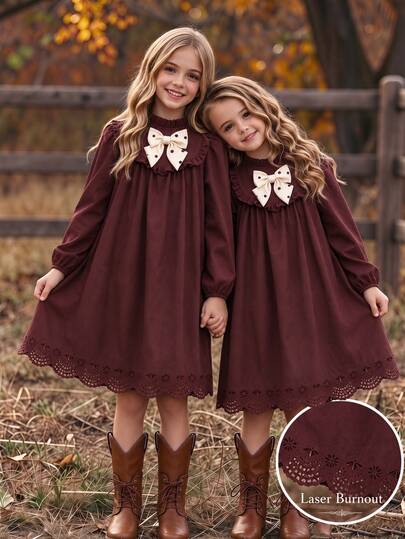 Tween Girl Autumn Winter Dress Elegant Ruffle Trim Bow Knot Long Sleeve Solid Color Laser Cut Hem Vintage A-Line Princess Dresses Birthday Party
