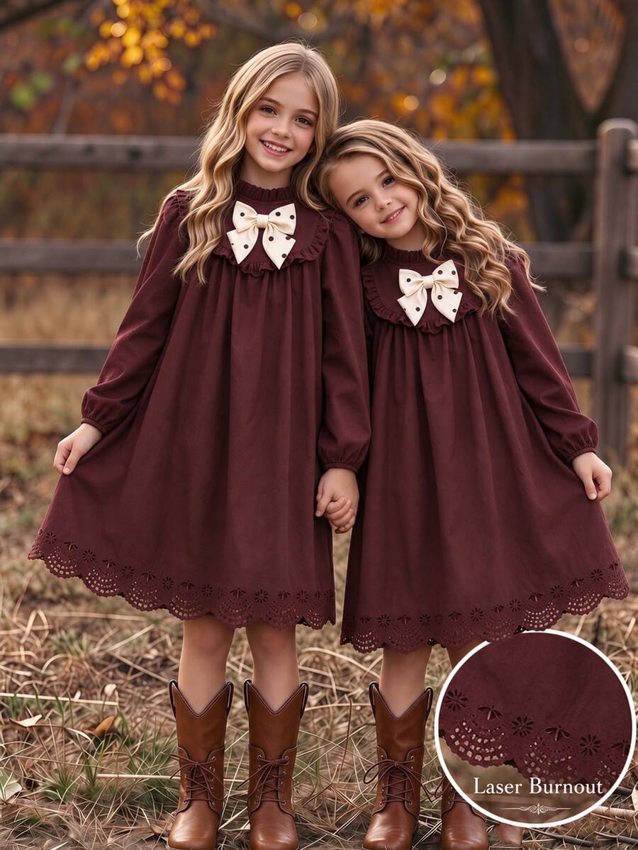 Tween Girl Autumn Winter Dress Elegant Ruffle Trim Bow Knot Long Sleeve Solid Color Laser Cut Hem Vintage A-Line Princess Dresses Birthday Party - Brown - View 1