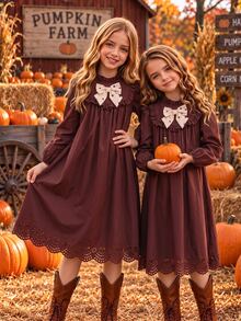Tween Girl Autumn Winter Dress Elegant Ruffle Trim Bow Knot Long Sleeve Solid Color Laser Cut Hem Vintage A-Line Princess Dresses Birthday Party - Brown - View 4