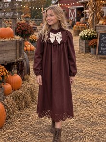 Tween Girl Autumn Winter Dress Elegant Ruffle Trim Bow Knot Long Sleeve Solid Color Laser Cut Hem Vintage A-Line Princess Dresses Birthday Party - Brown - View 6