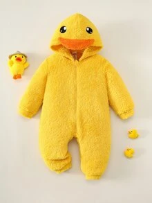SHEIN Newborn Baby Cartoon Pattern Casual Daily Home Pajamas One-Piece Long Autumn Pants - Yellow - View 3