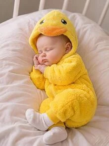 SHEIN Newborn Baby Cartoon Pattern Casual Daily Home Pajamas One-Piece Long Autumn Pants - Yellow - View 1