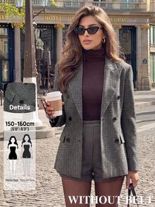 SHEIN PETITE Women's Plaid Notch Lapel Long Sleeve Jacket And Shorts Suit Set - Brown - View 5