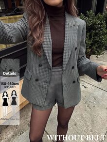 SHEIN PETITE Women's Plaid Notch Lapel Long Sleeve Jacket And Shorts Suit Set - Brown - View 4