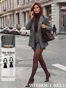 SHEIN PETITE Women's Plaid Notch Lapel Long Sleeve Jacket And Shorts Suit Set - Brown - View 1