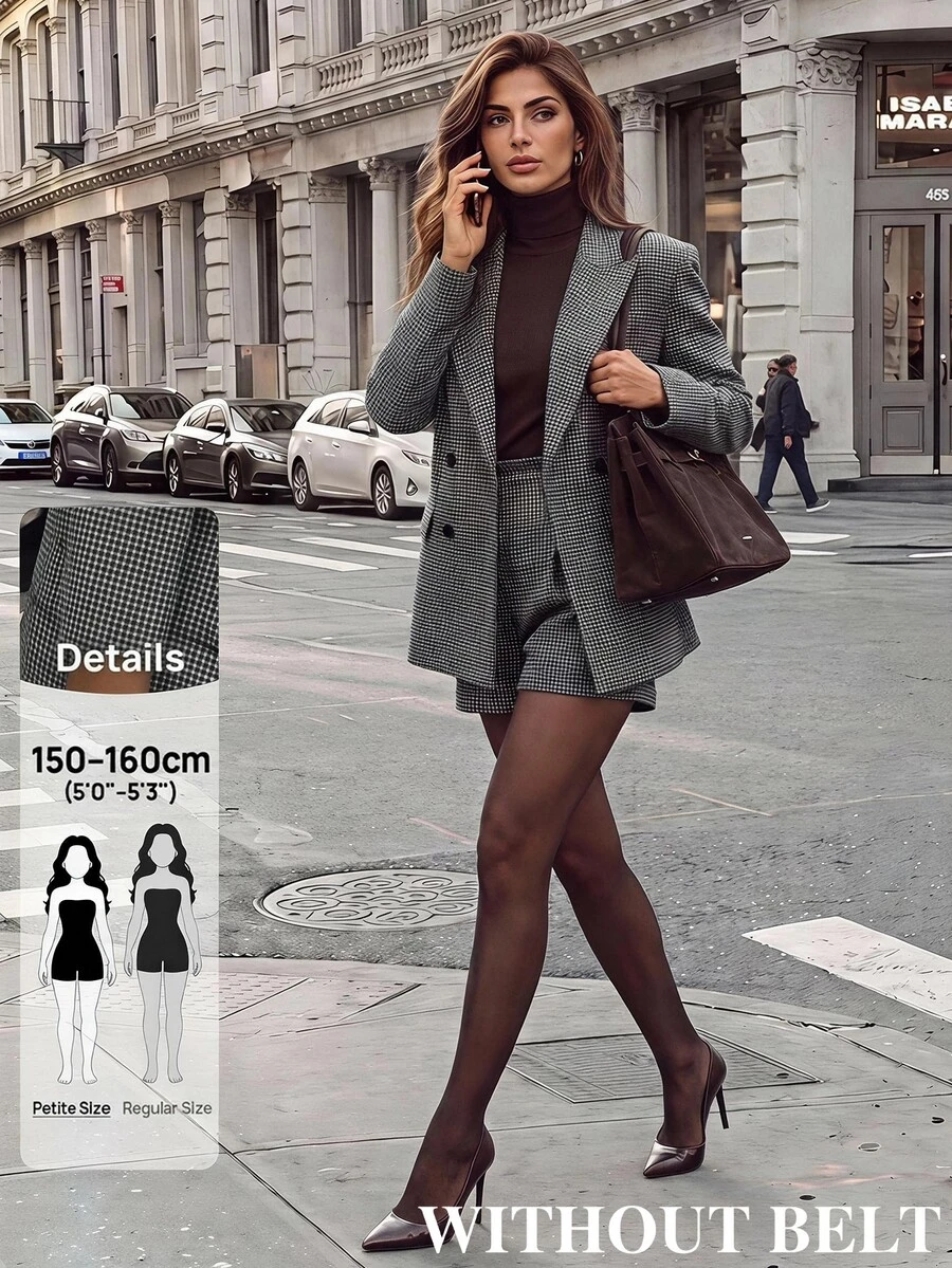 SHEIN PETITE Women's Plaid Notch Lapel Long Sleeve Jacket And Shorts Suit Set - Brown - View 1