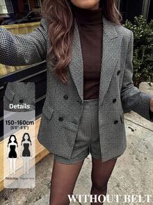 SHEIN PETITE Women's Plaid Notch Lapel Long Sleeve Jacket And Shorts Suit Set - Brown - View 8