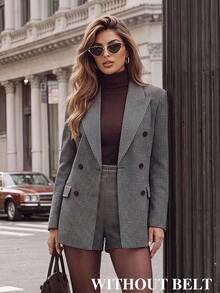 SHEIN PETITE Women's Plaid Notch Lapel Long Sleeve Jacket And Shorts Suit Set - Brown - View 6