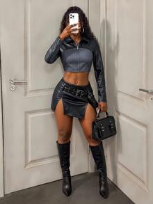 BamGleam Women Colorblock Faux Denim Spliced Zip Up Lapel Cropped Moto Jacket, Club Outfit - Black - View 5