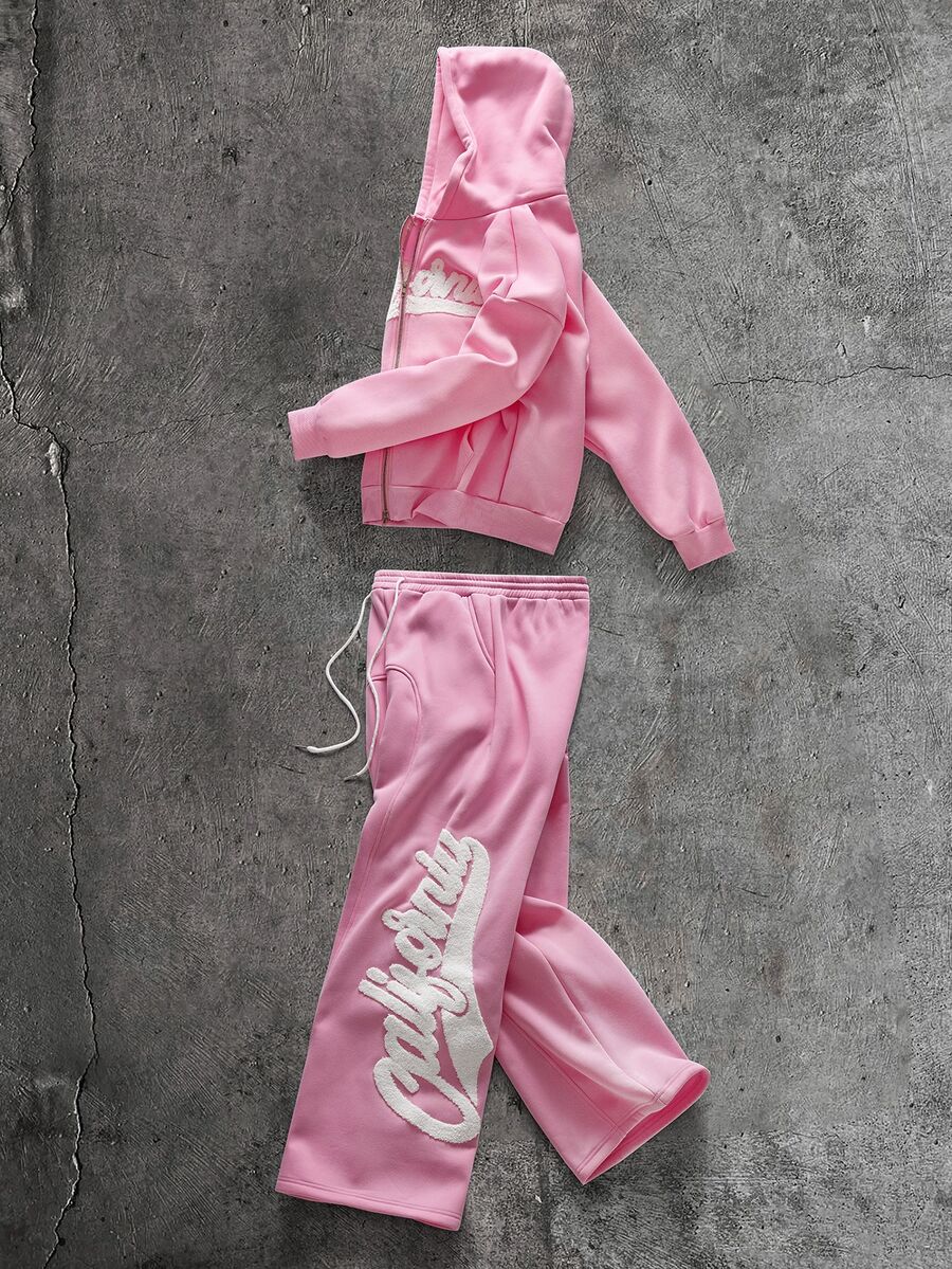 AXEPEAK Men's Pink Letter Pattern Zip-Up Hoodie With Pockets And Drawstring Waist Long Pants 2 Pieces Set - Pink - View 1