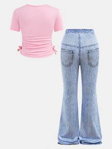 SHEIN 2pcs/Set Tween Girls Casual Crewneck Top With Waist Ruffle And Pants Outfit - Coral Pink - View 2