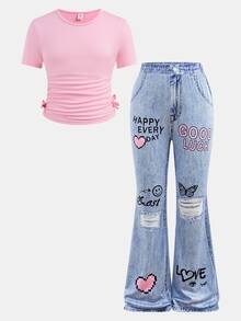 SHEIN 2pcs/Set Tween Girls Casual Crewneck Top With Waist Ruffle And Pants Outfit - Coral Pink - View 1