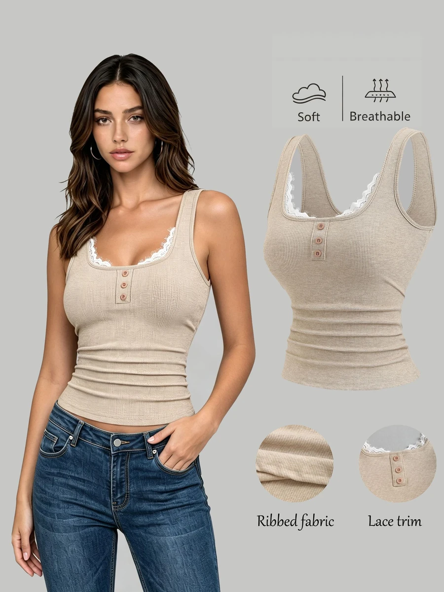 Sweetra Women's Casual Lace Patchwork Camisole - Khaki - View 1