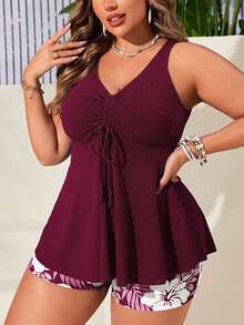 SHEIN Swim Curve Plus Size Women 2 Pieces Spaghetti Strap V-Neck High Waist Random Print Bikini Set For Summer Beach Vacation - Burgundy - View 4