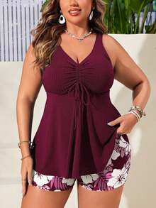 SHEIN Swim Curve Plus Size Women 2 Pieces Spaghetti Strap V-Neck High Waist Random Print Bikini Set For Summer Beach Vacation - Burgundy - View 6