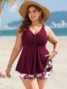 SHEIN Swim Curve Plus Size Women 2 Pieces Spaghetti Strap V-Neck High Waist Random Print Bikini Set For Summer Beach Vacation - Burgundy - View 1